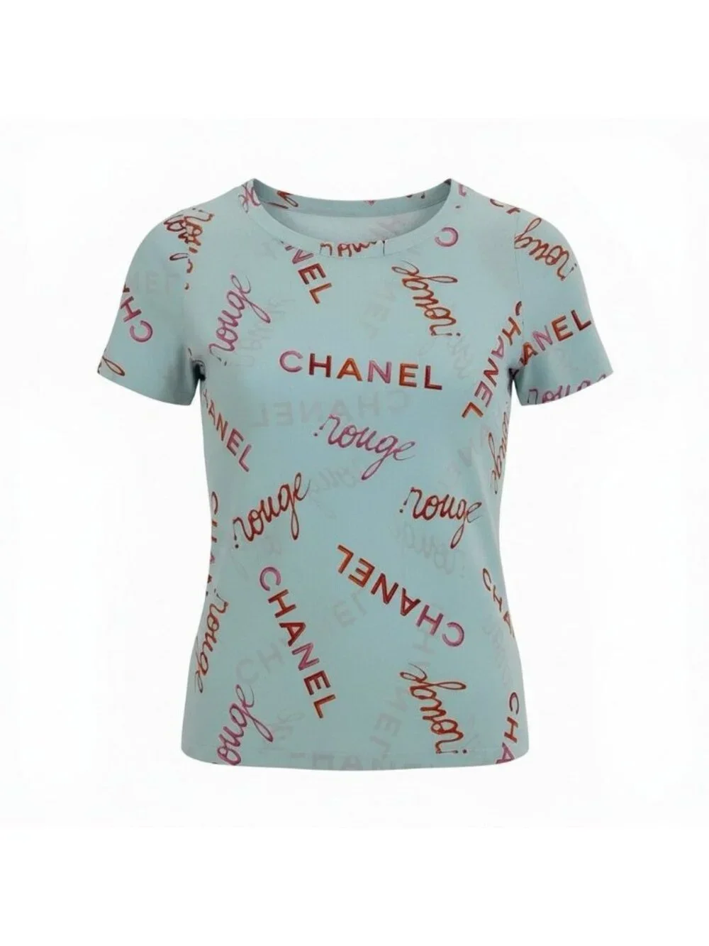 Chanel Vintage Logo Print Silk Blouse Short Sleeve 36 Blue Top
